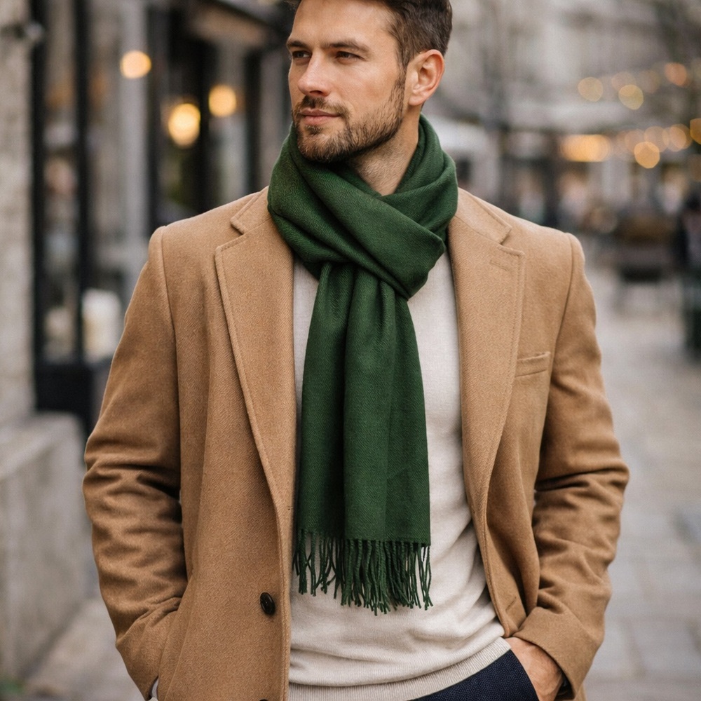 100% Cashmere Scarf Made in Scotland Green Fringe Luxury Unisex Winter Scarf